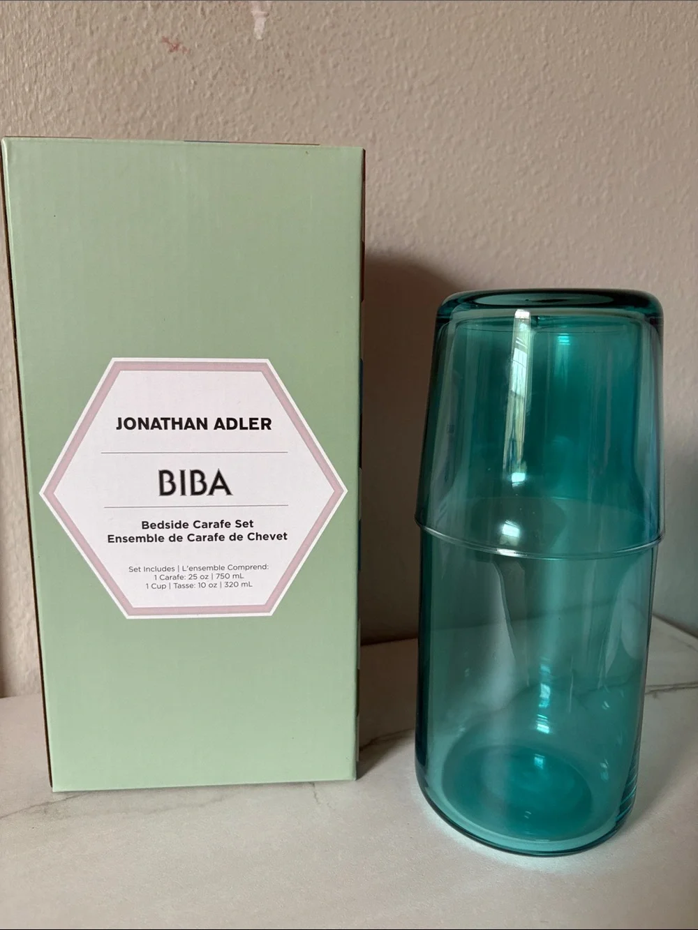 $20💋 Jonathan Adler BIBA bedside carafe and cup in teal green